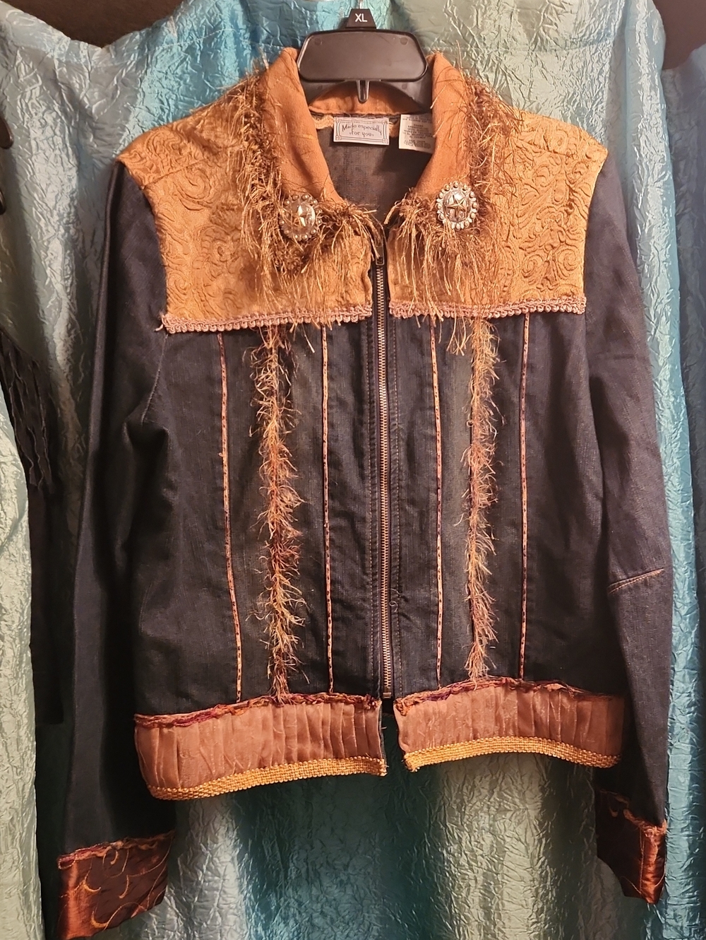 Bohemian Blue Denim Jacket with Brown Embellished Collar